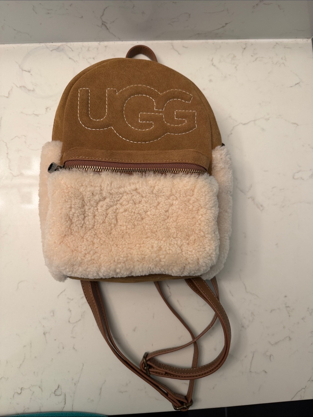 UGG Chestnut and Cream Suede Mini Backpack with Shearling